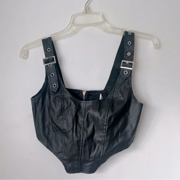 Princess Polly Travis Black Faux Leather Cropped Corset Top 2 - Picture 2 of 13